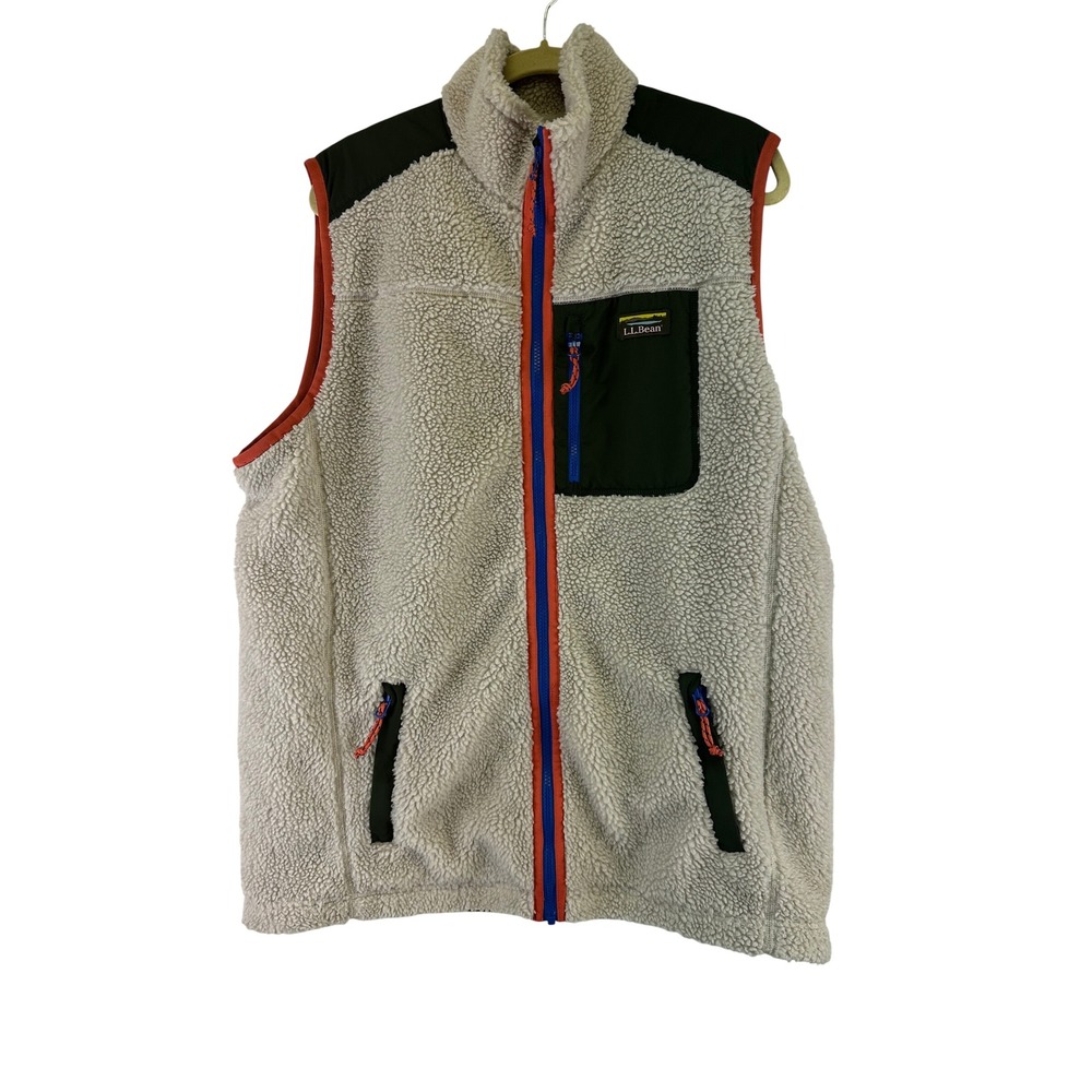 LL Bean Sherpa Vest Cream Green Gorpcore Full Zip Fleece Men XL Tall 519835